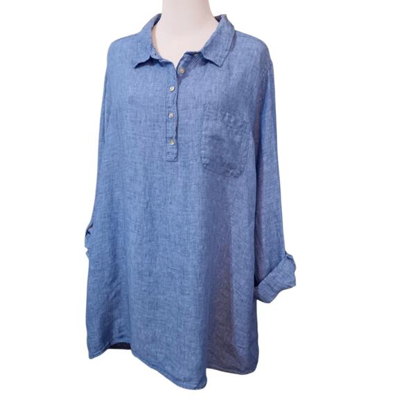 JNY 100% Linen Blouse Top 2X‎ Blue Popover Roll Tab Sleeves Casual Career Office - Picture 2 of 9